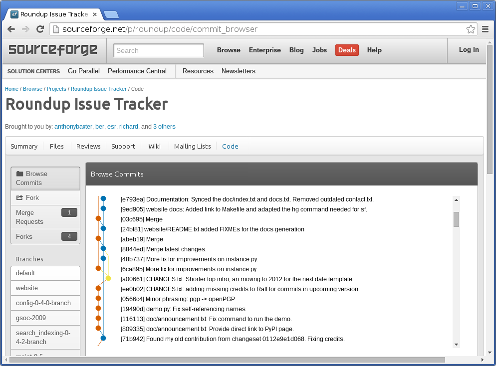 A screenshot with a list of buttons/items on the left and a graph with
commit messages on the right. The buttons/items on the left are:
* Browse Commits (selected)
* Fork
* Merge Requests (1)
* Forks (4)
* Branches
* default
* website
* config-0-4-0-branch
* gsoc-2009
* …