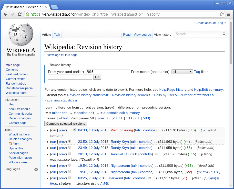 A screenshot with a linear revision history of the article on “Wikipedia”.
The title of the page is: “Wikipedia: Revision history”. The page allows
you to select two revisions (two revisions are already selected) and offers
a button “Compare selected revisions”.