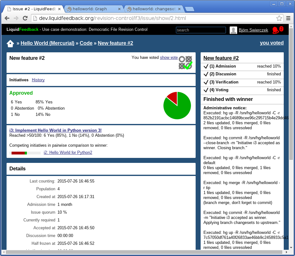 Unit: “Hello World (Mercurial)”,
Subject area: “Code”,
Issue: “New feature #2”.
Initiative “i3: Implement Hello World in Python version 3!” is approved
with 6 Yes votes, 1 No vote, and 0 abstentions.
Competing initiatives in pairwise comparison to winner:
“i2: Hello World for Python2” (red bar is bigger than green bar).